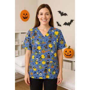 The Scrub Co V-Neck XL Halloween Scrub Top Owls Bats Pumpkins Witch Birds